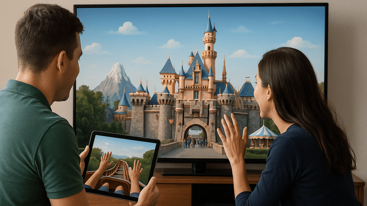 Un couple regarde un château Disney à la télévision tout en tenant une tablette montrant des montagnes russes.