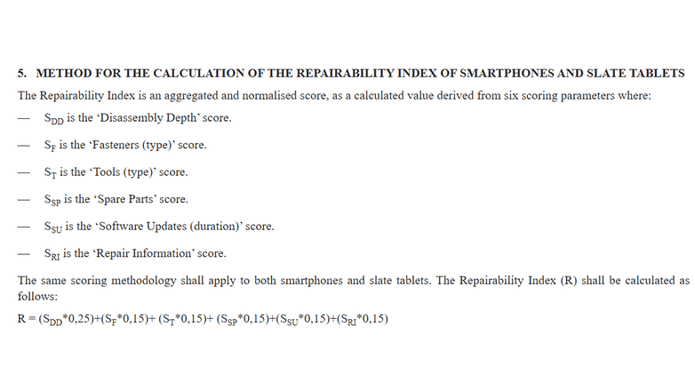 Método para calcular o Índice de Reparabilidade de smartphones e tablets, detalhando os parâmetros de pontuação. Método para calcular o Índice de Reparabilidade de smartphones e tablets, detalhando os parâmetros de pontuação.