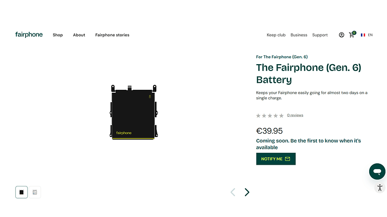 Bateria Fairphone (Gen. 6) à venda por €39,95, em breve disponível. Bateria Fairphone (Gen. 6) à venda por €39,95, em breve disponível.