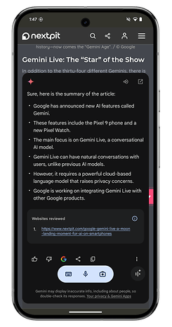 Screenshot of the Google Gemini Nano interface on the Google Pixel 9 Pro XL.