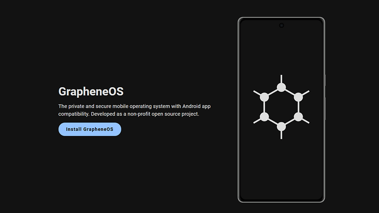 GrapheneOS-Logo auf einem Smartphone-Bildschirm mit Informationen zu seinen Funktionen und Installationsschaltfläche. GrapheneOS-Logo auf einem Smartphone-Bildschirm mit Informationen zu seinen Funktionen und Installationsschaltfläche.