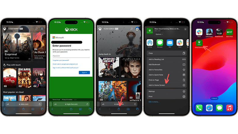 Screenshots showing how to add Xbox Cloud Gaming to the iPhone home screen