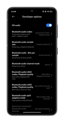 Une capture d'écran montrant comment voir les différents codecs Bluetooth pris en charge par votre smartphone Android