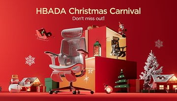 Arrière-plan rouge avec une chaise de jeu HBADA et des décorations festives, ainsi que le texte 'HBADA Christmas Carnival'.