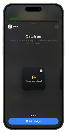 Capture d'écran des nouveaux widgets Slack sur iPhone.