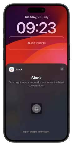 Capture d'écran des nouveaux widgets Slack sur iPhone.