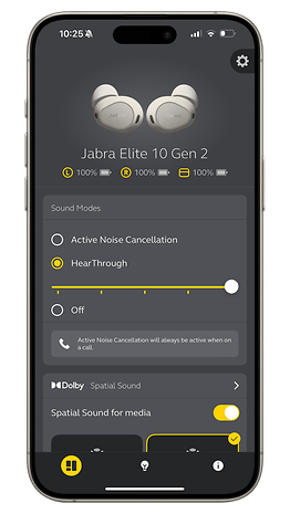 Capture d'écran de l'application Jabra Sound+ montrant l'écran d'accueil.