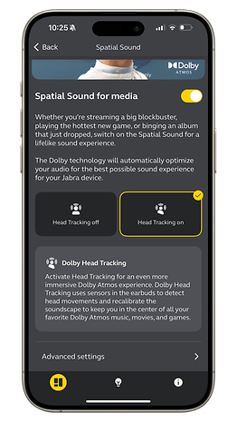 Capture d'écran de l'application Jabra Sound+ montrant les réglages de l'audio spatial des Jabra Elite 10 Gen 2.