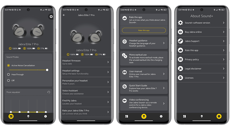 Screenshots der "Jabra Sound+"-App der Jabra Elite 7 Pro