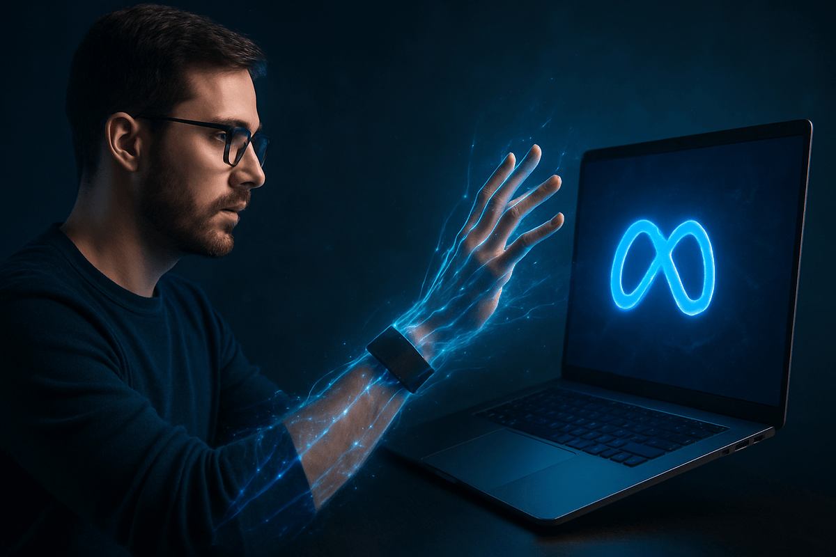 Un homme utilisant un ordinateur portable, tendant la main vers un symbole d'infini bleu lumineux.