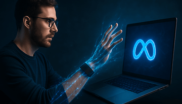 A man using a laptop, reaching towards a glowing blue infinity symbol.