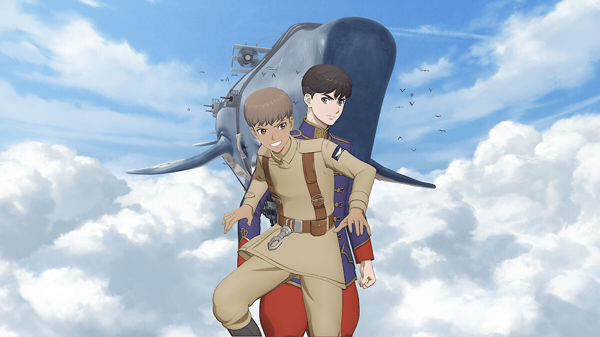 Deux personnages animés se tiennent devant un fond de nuages et d'une baleine, promouvant une série Netflix.