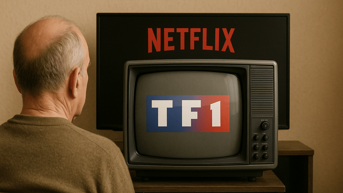 Une personne regardant une vieille télévision affichant le logo TF1, avec un écran Netflix en arrière-plan.
