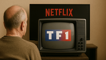 Une personne regardant une vieille télévision affichant le logo TF1, avec un écran Netflix en arrière-plan.