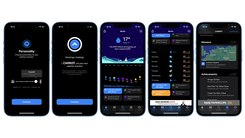 Screenshots of the Carrot Weather app user interface