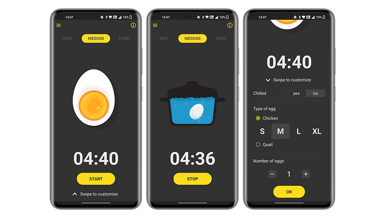 Screenshots of the EggTimer application