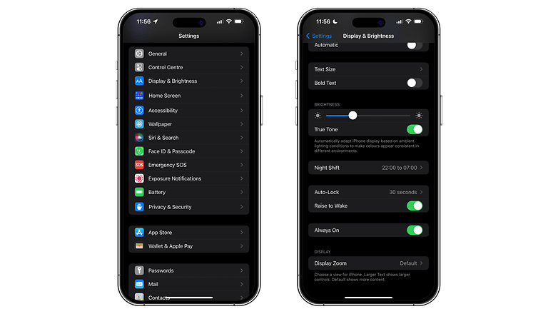 Screenshots of settings on iOS 16