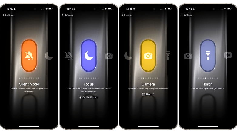 Capture d'écran de l'iPhone 15 Pro Max montrant les différentes fonctions qu'on peut assigner au bouton d'action