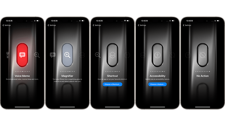 iPhone 15 Pro Max screenshots for the Action button settings