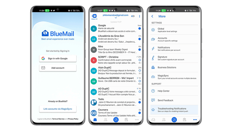 Screenshots of the Blue Mail app user interface