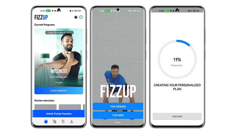 Screenshots of the Fizzup app user interface