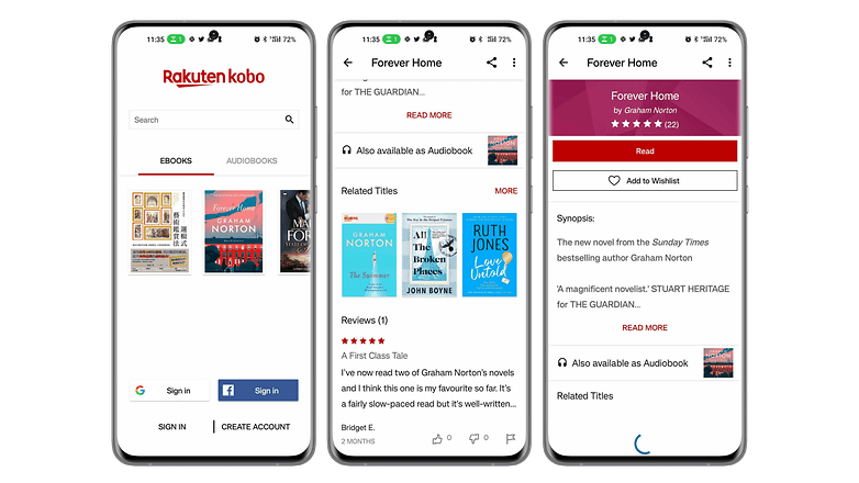 Screenshots of the Kobo app user interface