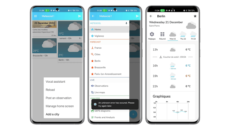Screenshots of the Meteociel app user interface