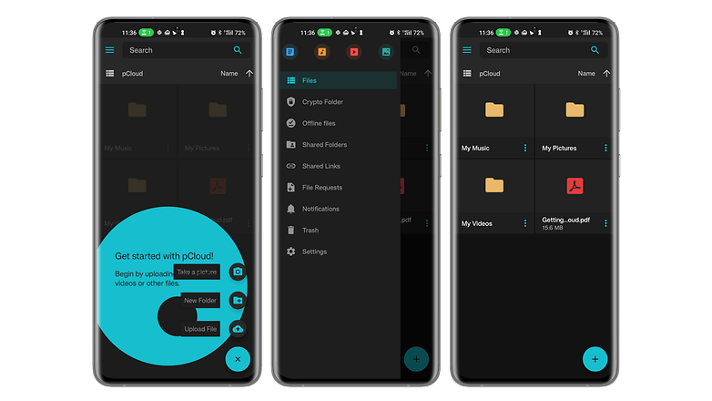Screenshots of the pCloud app user interface