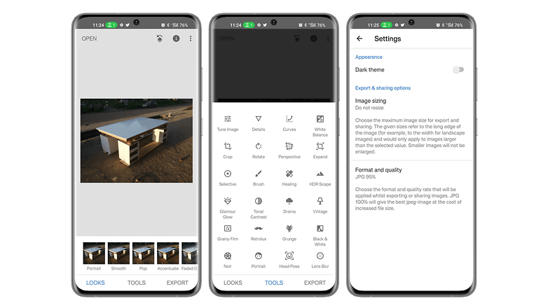 Screenshots of the Snapseed app user interface