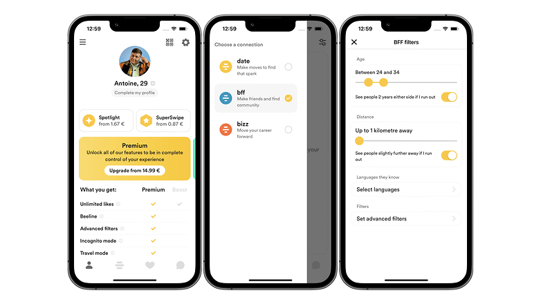 Screenshots of the Bumble app user interface