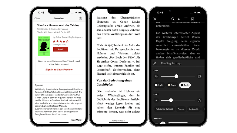 Screenshots of the Kobo Books app user interface