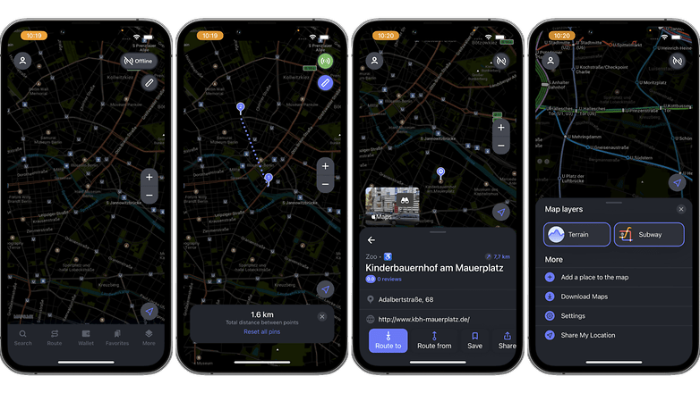 Screenshots of the Maps.Me app user interface