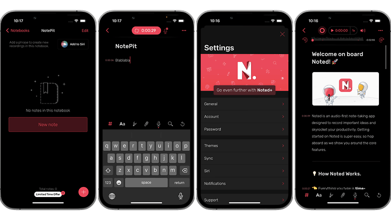Screenshots of the Noted app user interface