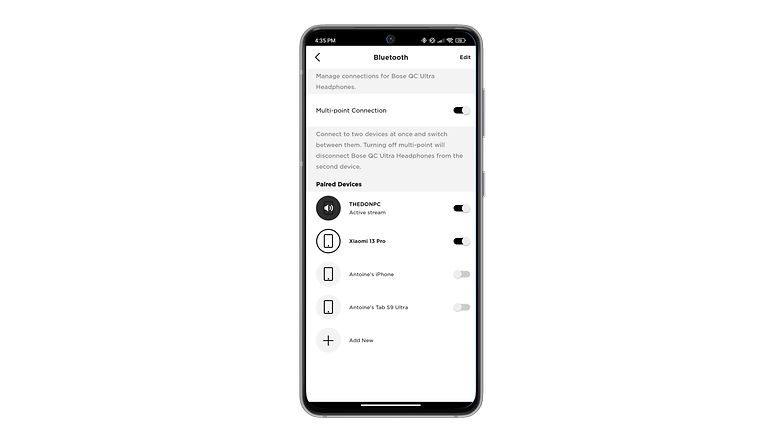 Captures d'écran de l'application Bose Music montrant la gestion du Bluetooth multipoint