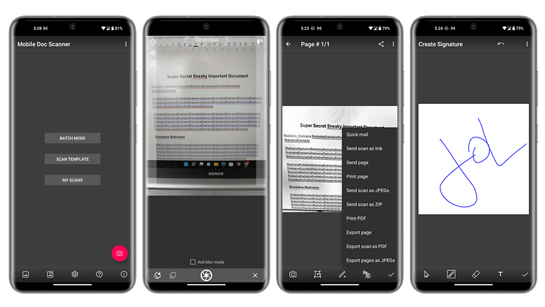 Screenshots of the Mobile Doc Scanner App