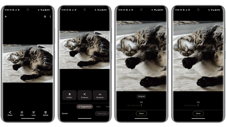 Anhand des Fotos einer Katze wird die Funktion erklärt, die unter Android 13 Fotos von Bewegungsunschärfe befreit