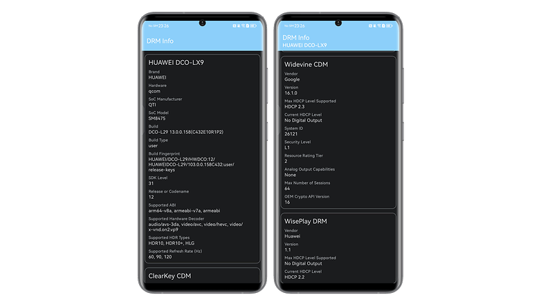 Test du Huawei Mate 50 Pro DRM Widevine L1 captures d'écran DRMinfo