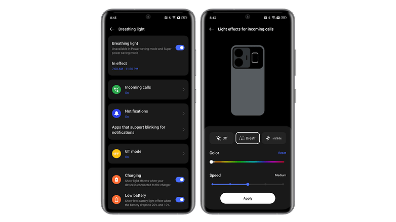 Realme GT3 "Breathing Light" setting screen.