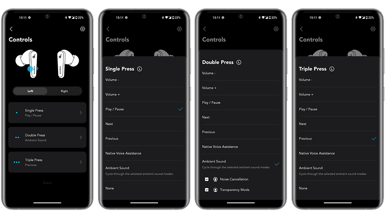 Captures d'écran application Soundcore Liberty 4 commandes tactiles