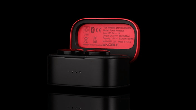 Echte drahtlose Stereo-Ohrhörer in einem schwarzen und roten Ladegehäuse mit technischen Spezifikationen auf der Rückseite.