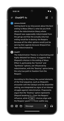 ChatGPT app screenshots on the Nothing Phone (2).