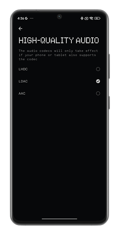 Capture d'écran de l'application Nothing X montrant les codecs Bluetooth disponibles