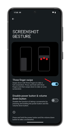 Capture d'écran de Nothing OS 2.5 montrant comment activer le geste de capture d'écran avec trois doigts
