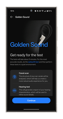 Écran de l'application OnePlus HeyMelody affichant les instructions pour le test Golden Sound et les options de scan du canal et test auditif.