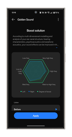 Interface de l'application pour OnePlus Buds Pro 3 affichant les paramètres Golden Sound et le graphique de solution d'augmentation.