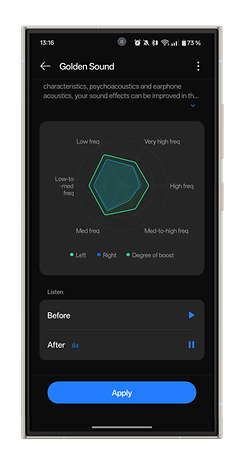 Interface de l'application pour OnePlus Buds Pro 3 montrant les paramètres Golden Sound avec graphique de fréquence et bouton appliquer.