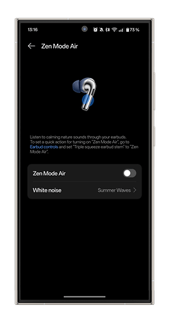 Écran de l'application OnePlus Buds Pro 3 affichant le mode Zen Air avec des sons de la nature et des options de bruit blanc.