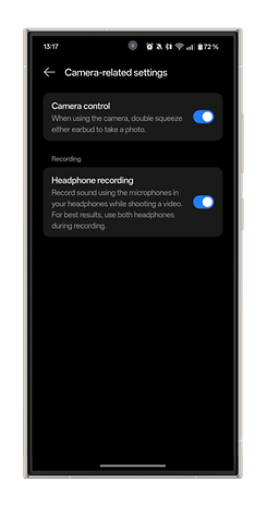 Écran des paramètres pour OnePlus Buds Pro 3, montrant les options de contrôle de la caméra et d'enregistrement des écouteurs.