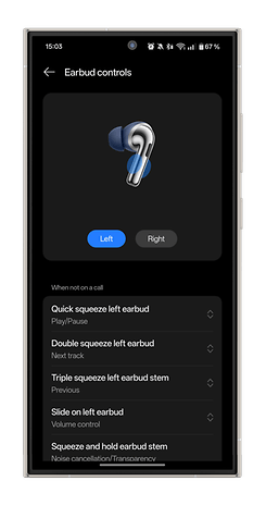 Interface de l'application montrant les commandes pour les écouteurs OnePlus Buds Pro 3 sur un smartphone.