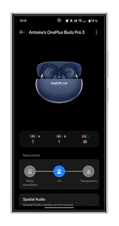 OnePlus Buds Pro 3 affichés sur un écran de smartphone avec des réglages pour le contrôle du bruit et l'audio spatial.